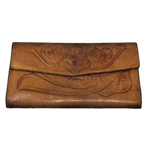 Vintage Tan Leather Hand Tooled Clutch Wallet From Paraguay Floral 7" x 4"